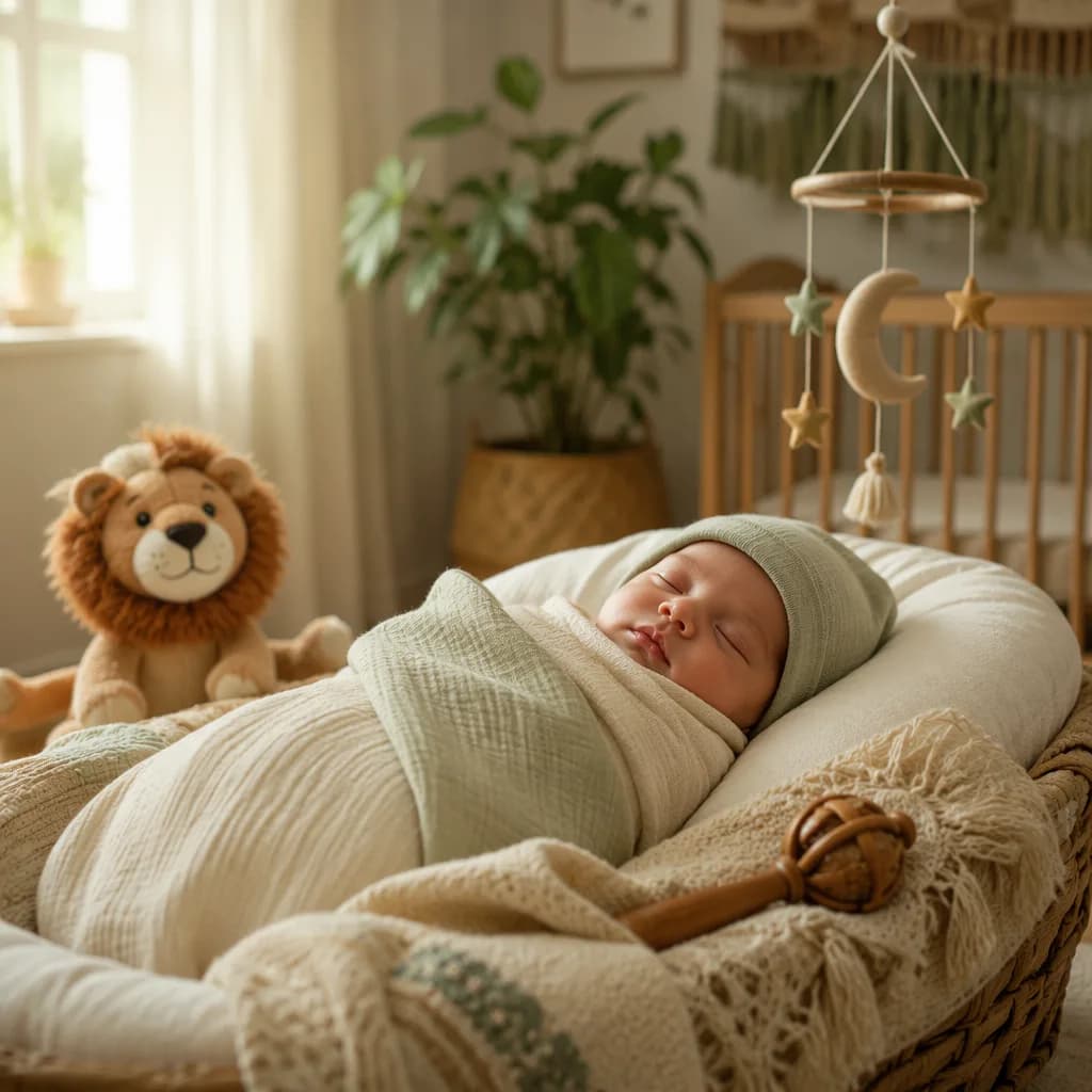 Peaceful newborn in a soft pastel nursery with a plush lion and gentle natural light.