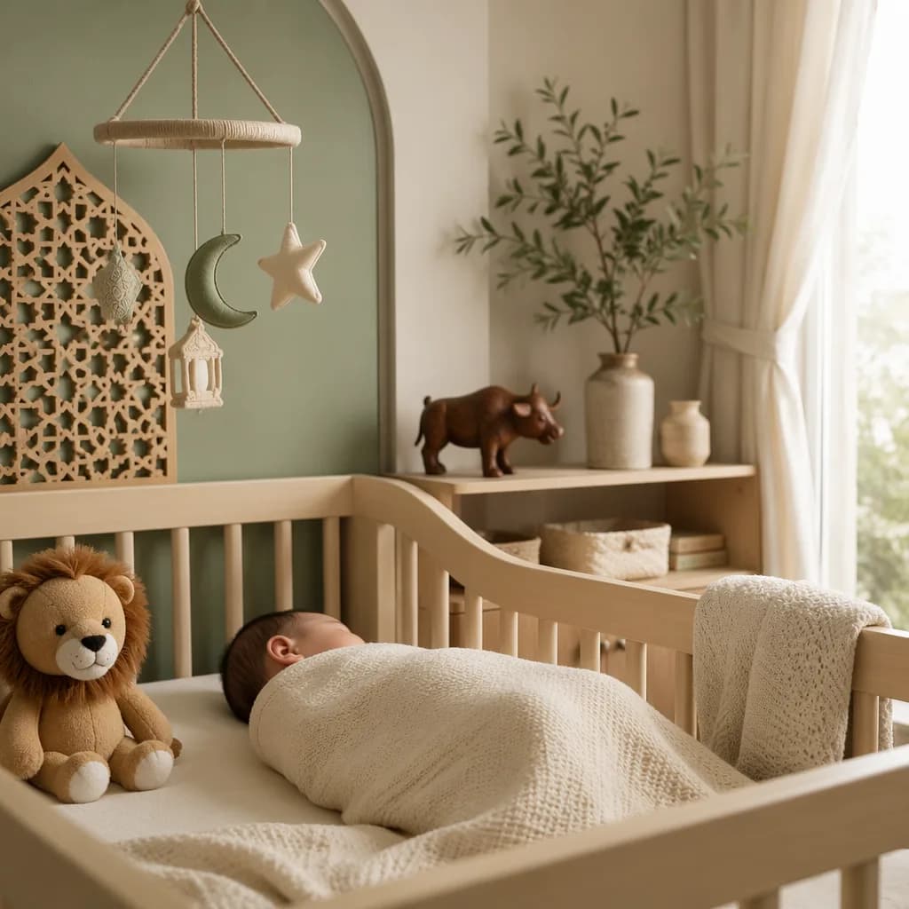 Peaceful Arabic-inspired nursery with a sleeping baby and soft strength-symbol toys.