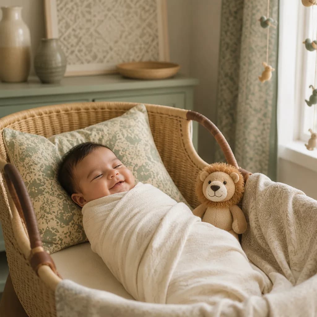 Peaceful baby in a pastel Urdu-inspired nursery with a small plush lion.