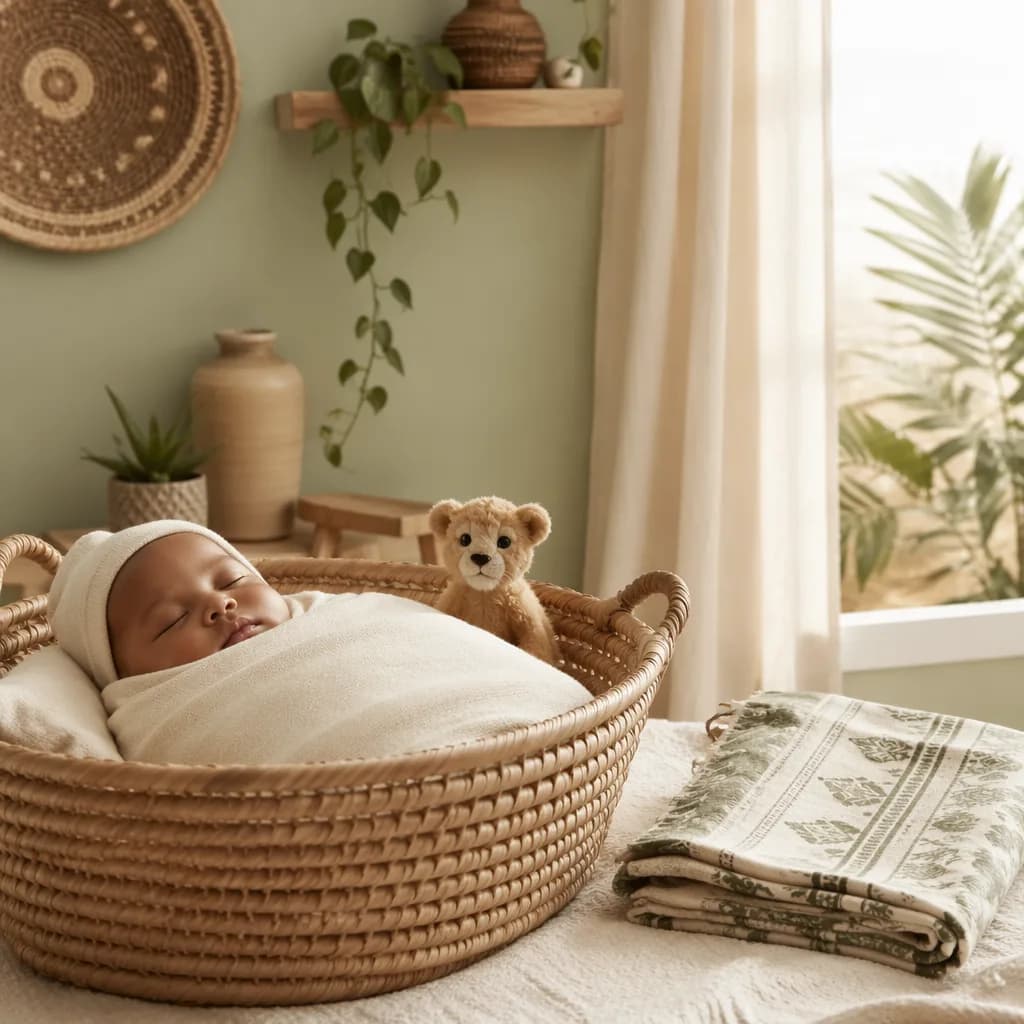Sleeping baby in a cozy Swahili-inspired nursery with a plush lion and soft pastel blankets