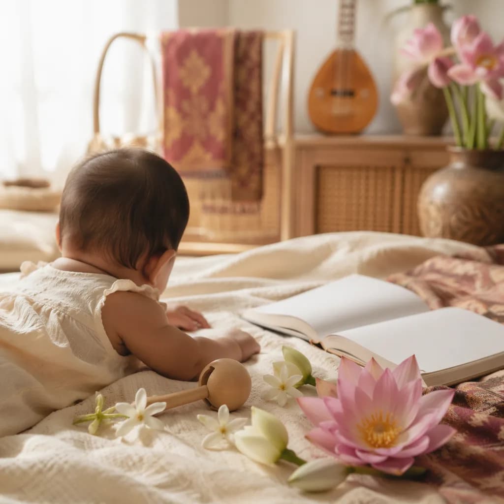 Soft nursery scene with an Indonesian baby, flowers, a book, and warm pastel light.