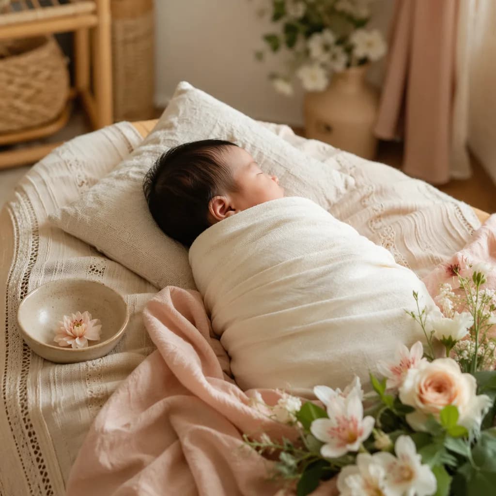 Sleeping swaddled baby in a soft pastel nursery with delicate flowers and Indonesian woven accents.