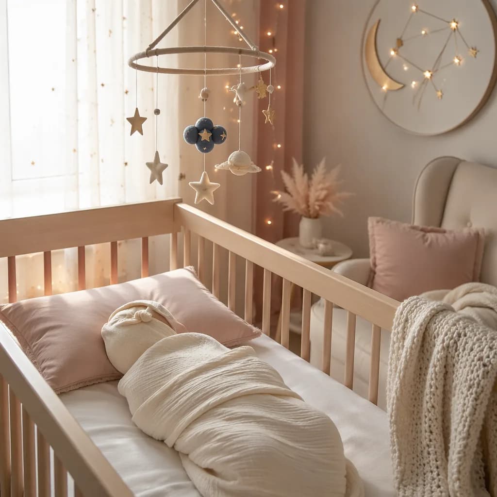 A softly lit pastel nursery with a swaddled baby and delicate star mobile.
