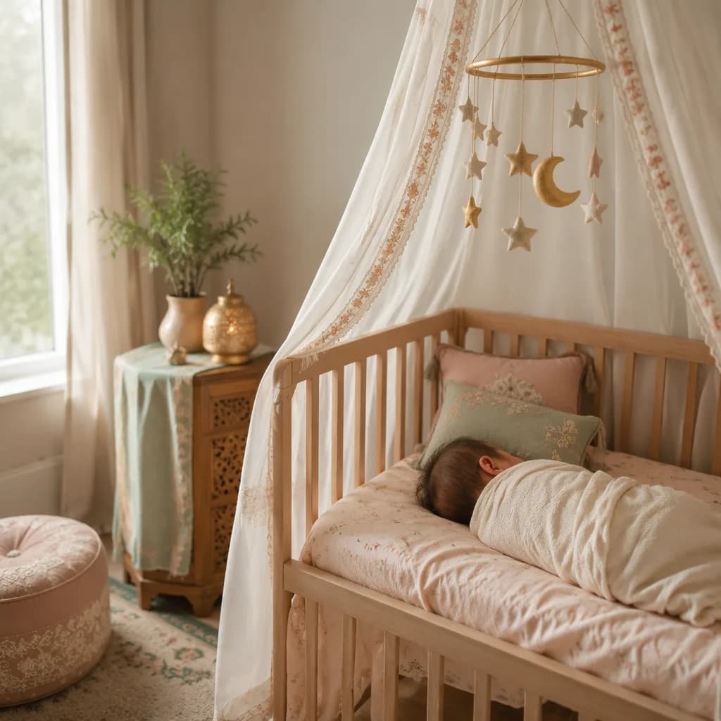 A peaceful baby sleeping in a pastel nursery with soft Urdu-inspired decor.