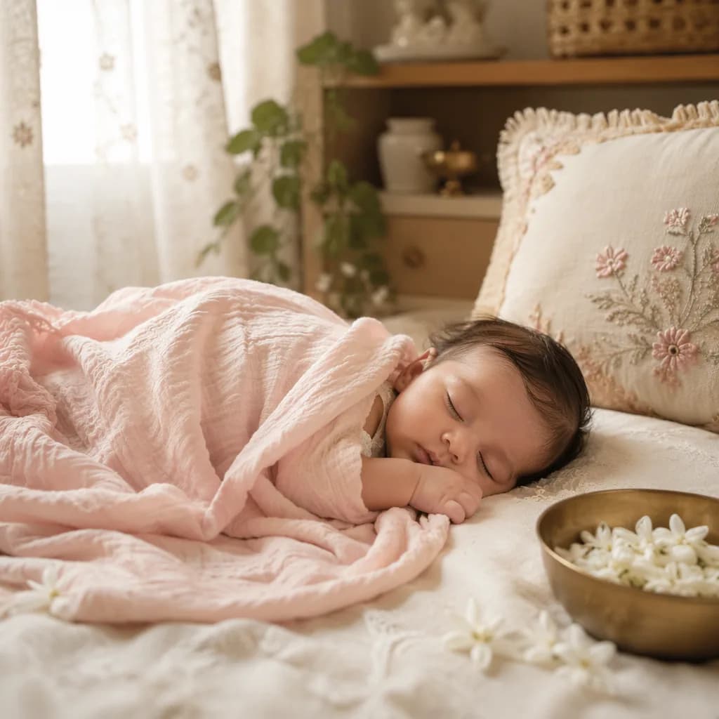 A peaceful baby in a soft pastel nursery with gentle South Asian-inspired details.