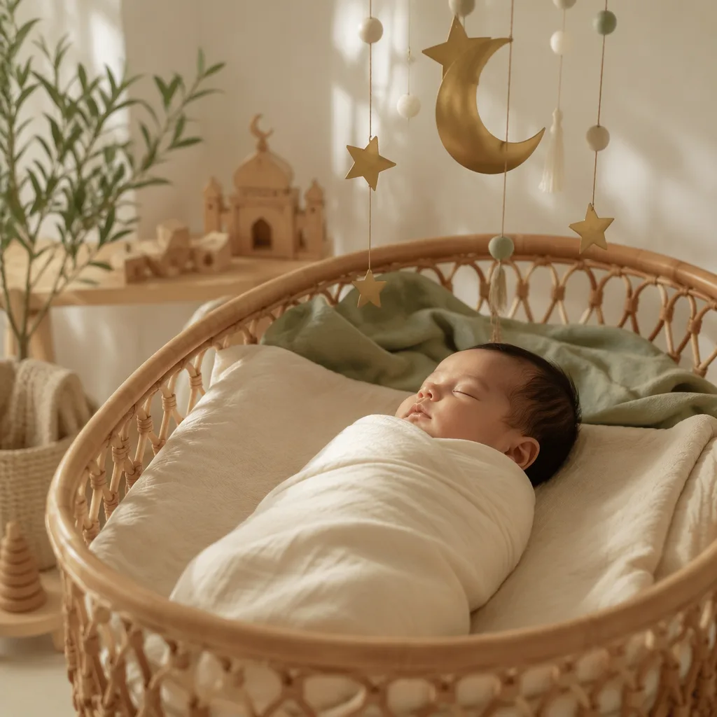 Sleeping baby in a soft Indonesian-inspired nursery with a crescent moon mobile.