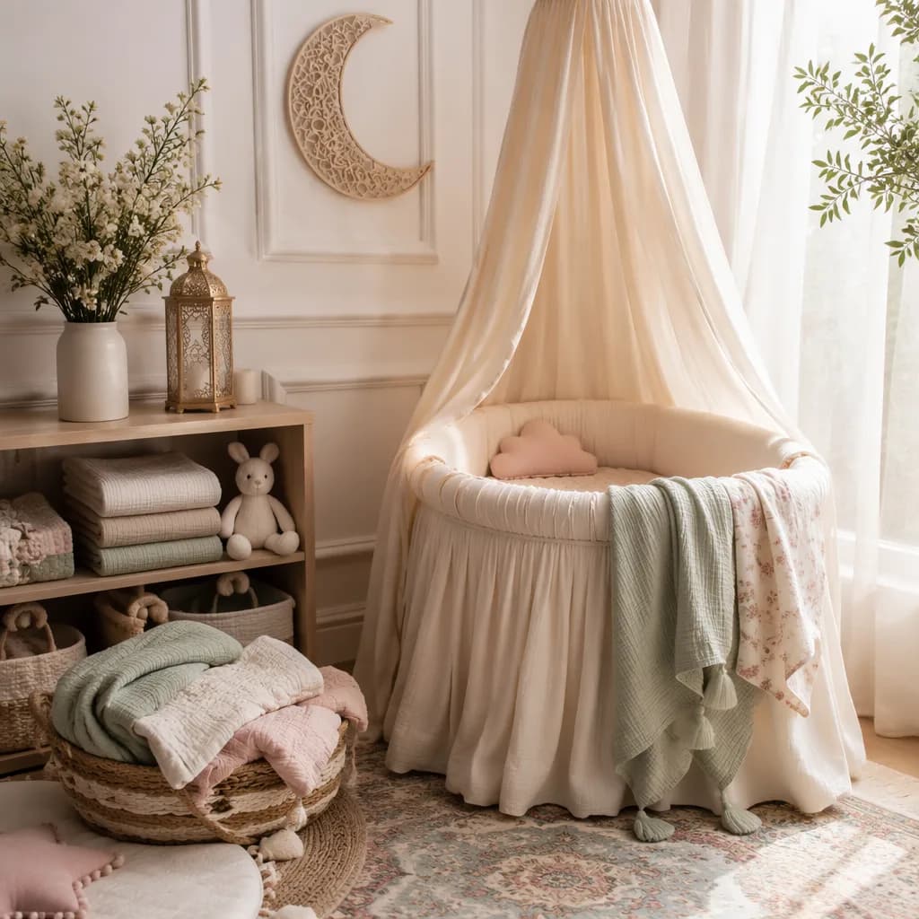 Soft pastel nursery with a cozy bassinet and gentle crescent decor.