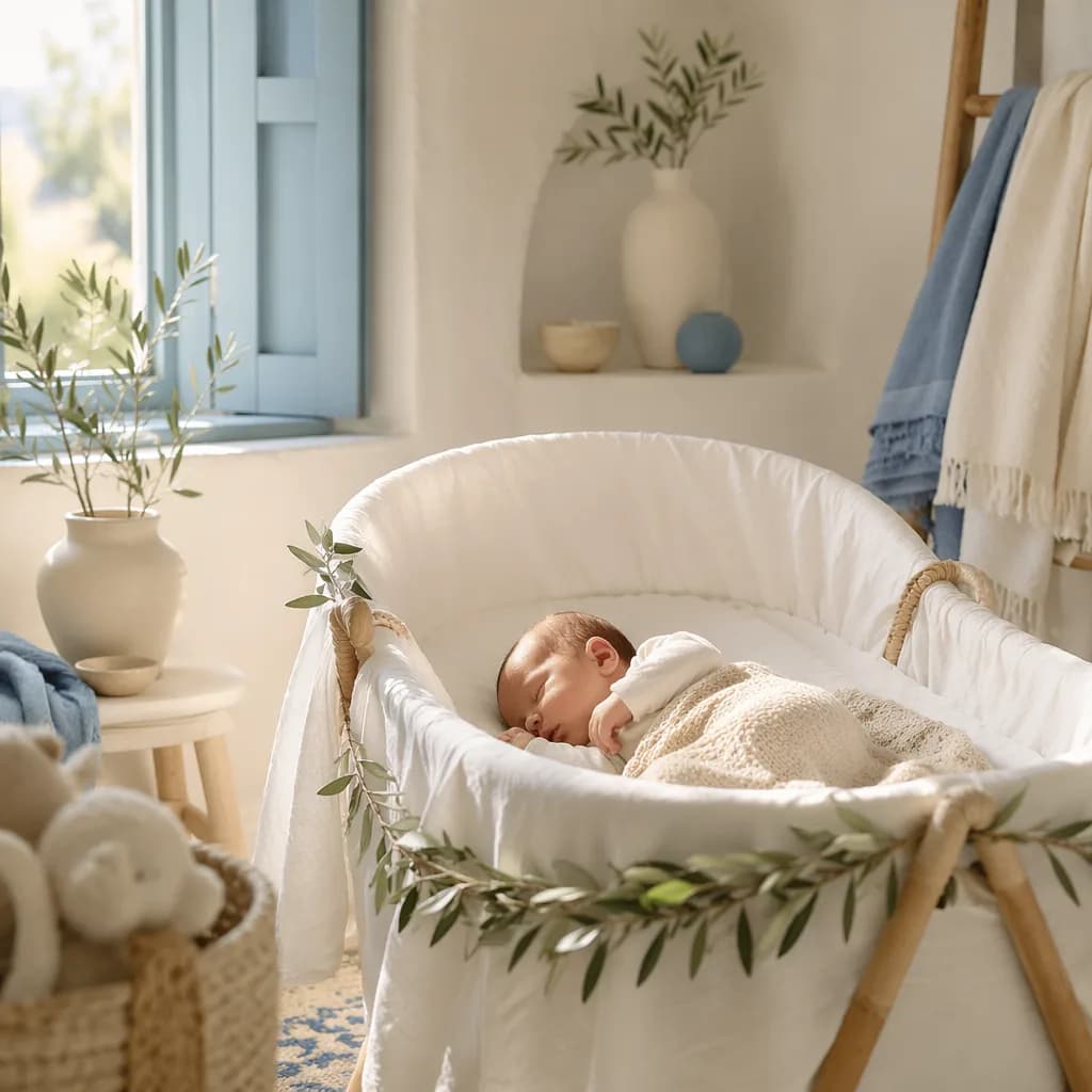 A softly lit Greek-inspired nursery with a sleeping newborn, olive branches, and gentle pastel decor.