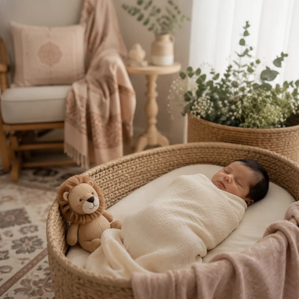 Sleeping swaddled baby in a soft pastel nursery with a plush lion and gentle natural light.