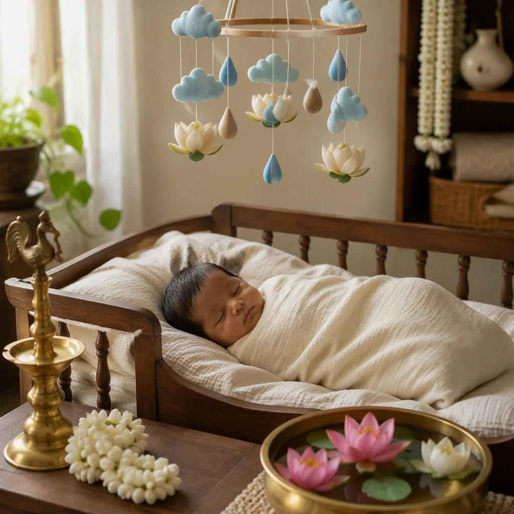 A peacefully sleeping baby in a pastel Tamil-inspired nursery with soft water and lotus accents.