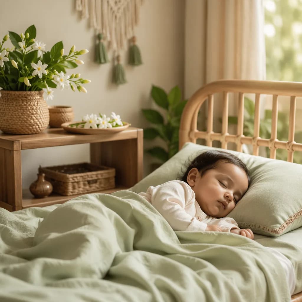 Sleeping baby in a soft green nursery with jasmine flowers and warm natural light