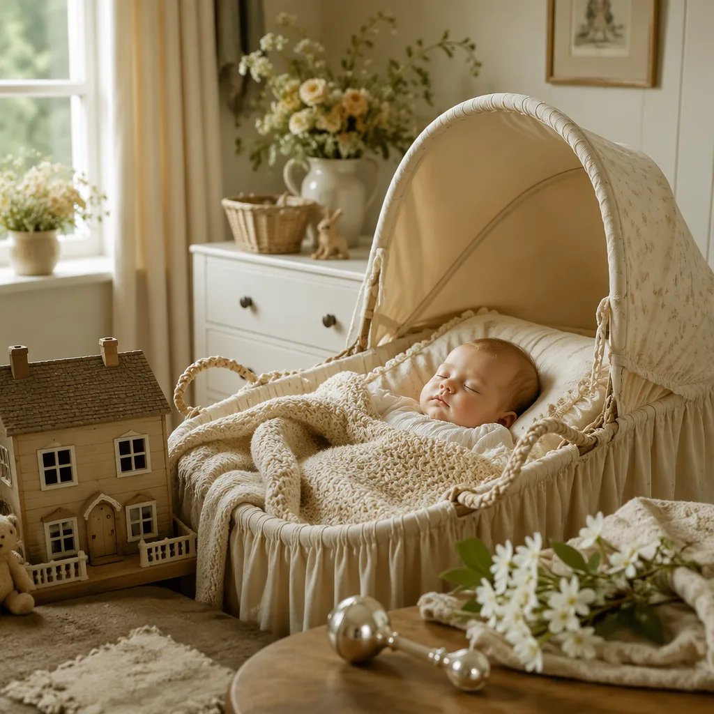Soft pastel English nursery with a sleeping baby in a cream bassinet and heirloom details.