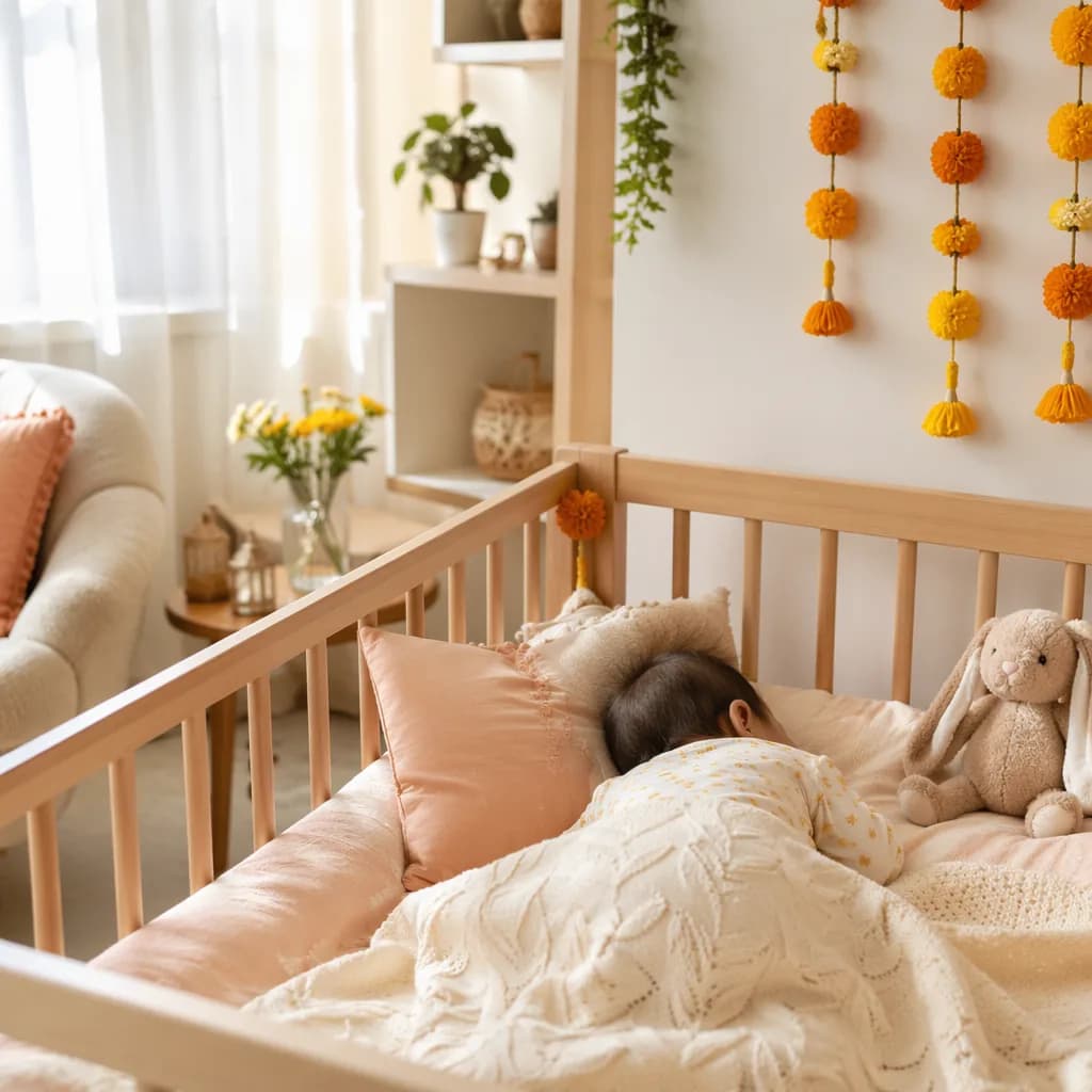 Soft pastel nursery scene evoking joy and happiness for the Hindi baby name Harshika.