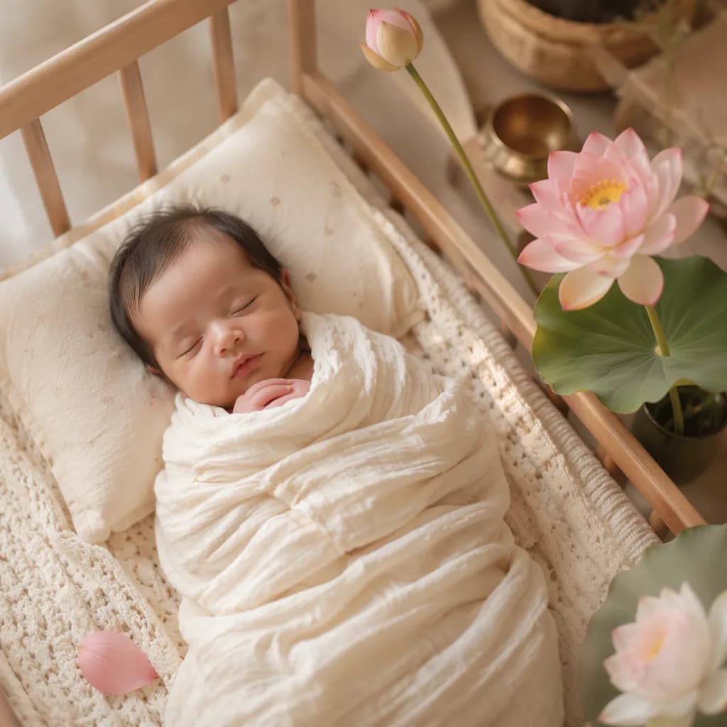 Sleeping newborn in a soft pastel nursery with lotus accents and warm natural light.