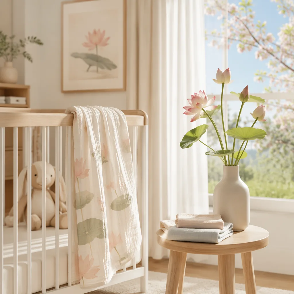 Sunlit pastel nursery with soft crib and lotus-inspired flowers for the Japanese baby name Haruto Ren.