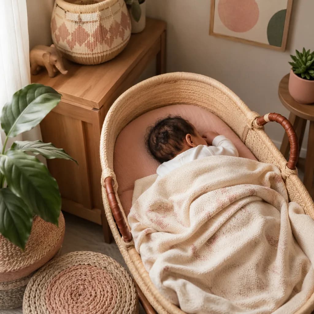 A peaceful baby nursery with soft Swahili-inspired decor and warm natural light.