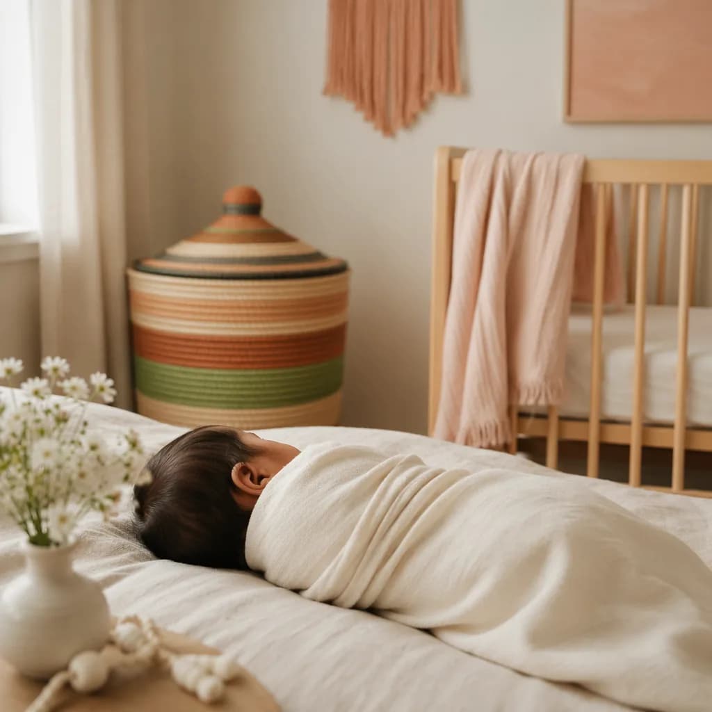 A softly lit nursery scene with a swaddled newborn and delicate flowers in warm pastel tones.