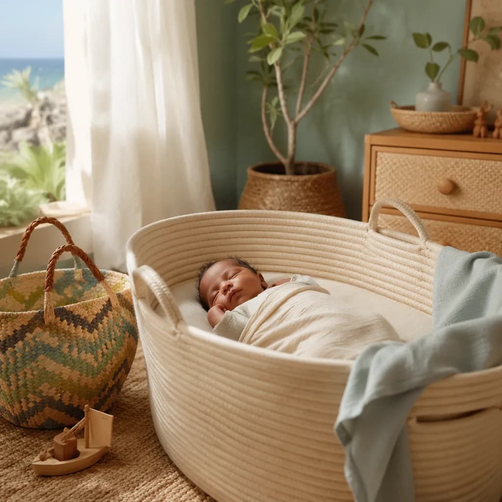A peaceful baby sleeping in a soft coastal-inspired nursery with warm pastel decor.
