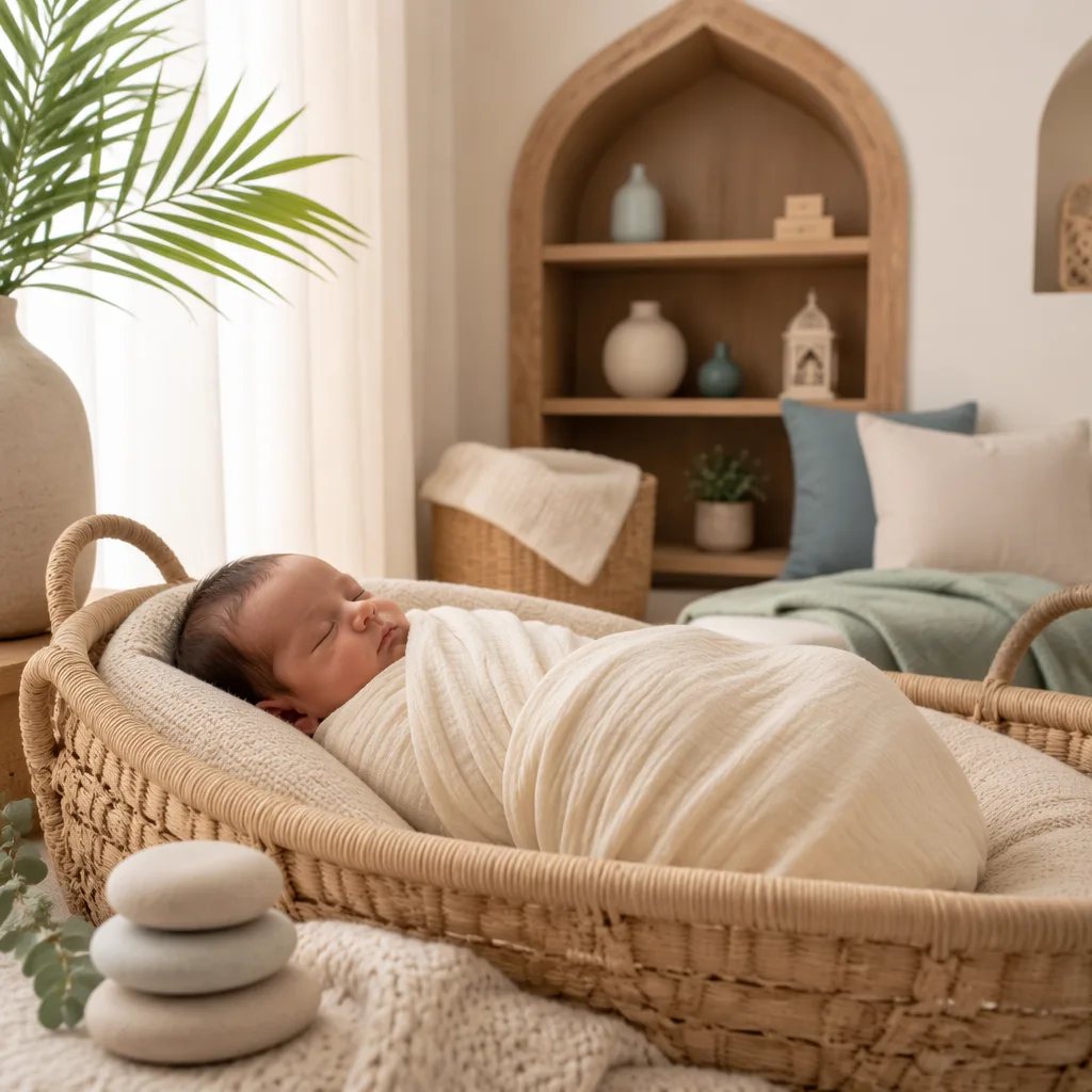 Sleeping newborn in a soft Arabic-inspired pastel nursery.