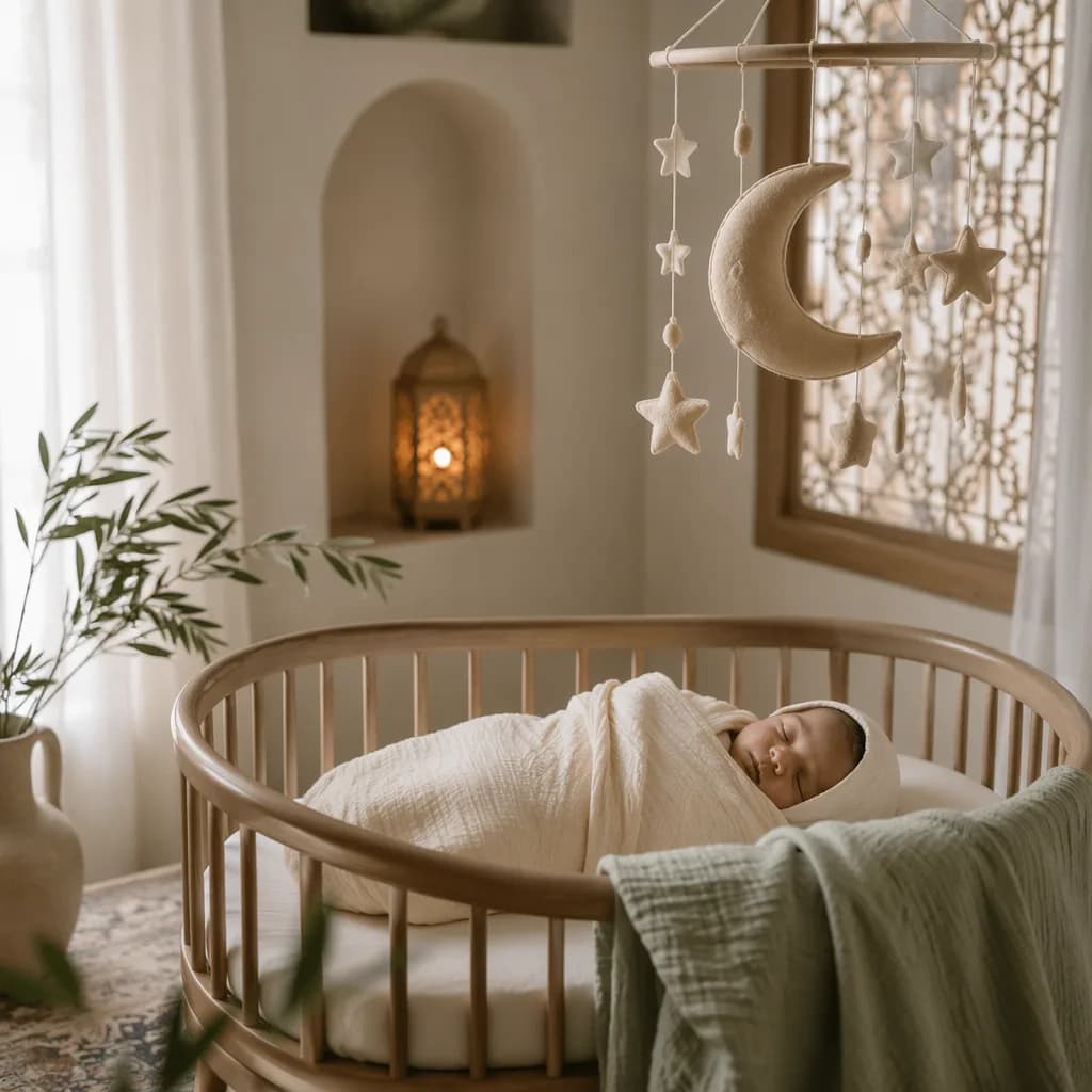 Sleeping baby in a soft Arabic-inspired nursery with crescent mobile and pastel decor.
