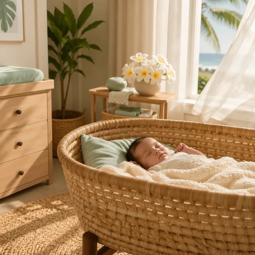 Soft Hawaiian-inspired nursery with a peaceful baby in a bassinet and pastel island details.