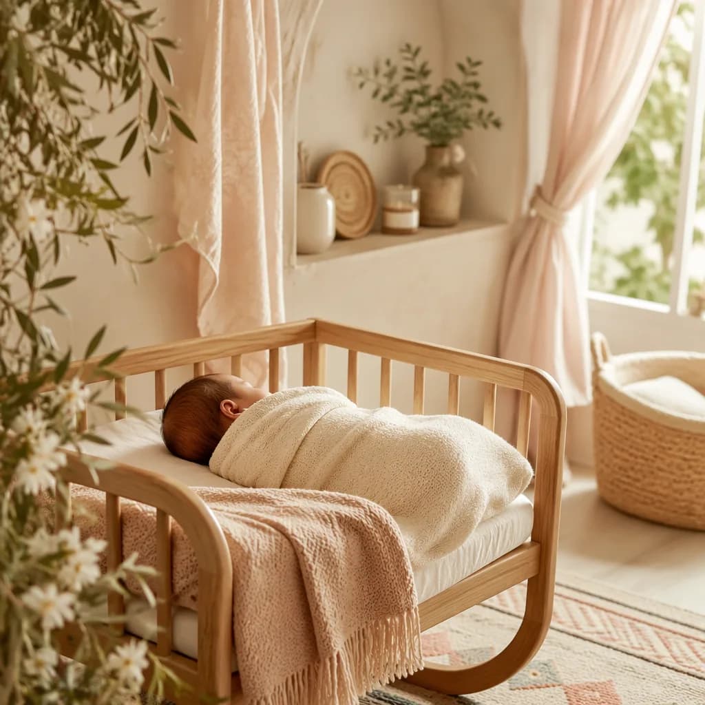 Soft pastel Arabic nursery scene with a swaddled baby, olive branches, and jasmine accents.