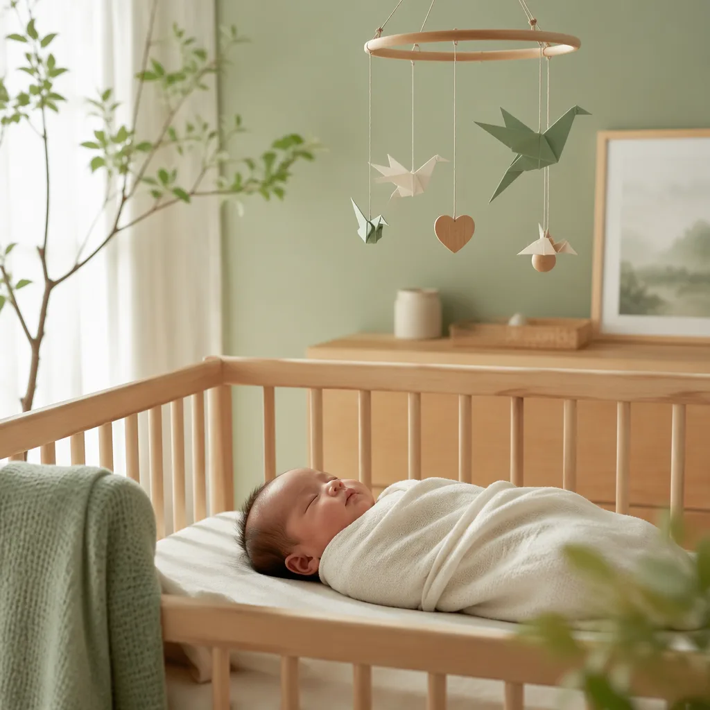 Soft Japanese-inspired nursery with a sleeping swaddled baby and origami falcon mobile.