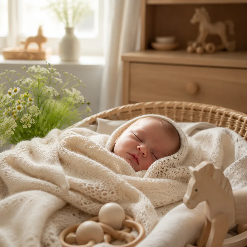 Peaceful baby in a soft Scandinavian nursery with knit blanket and wooden toys