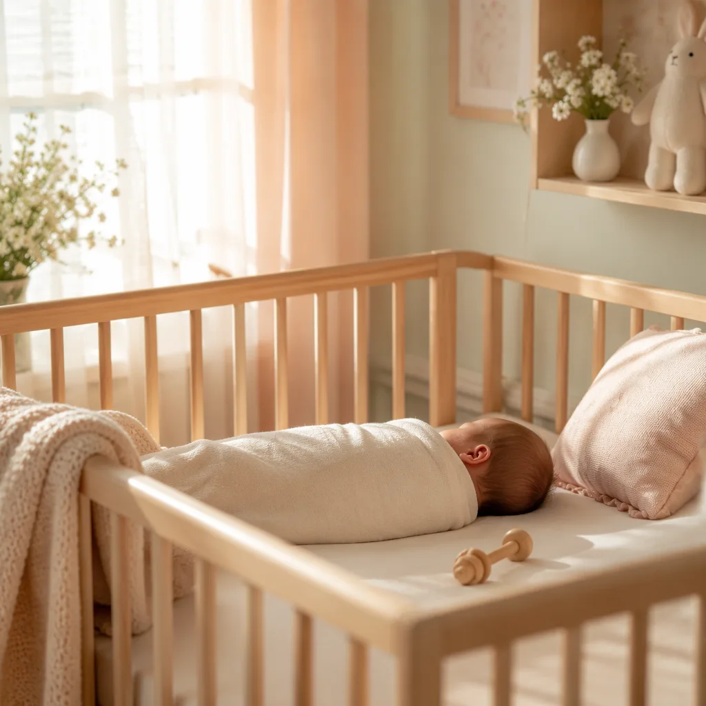 A softly lit pastel nursery with a swaddled sleeping baby in a wooden crib.