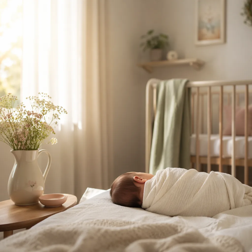 A softly lit pastel nursery with a swaddled newborn and gentle Portuguese-inspired details.