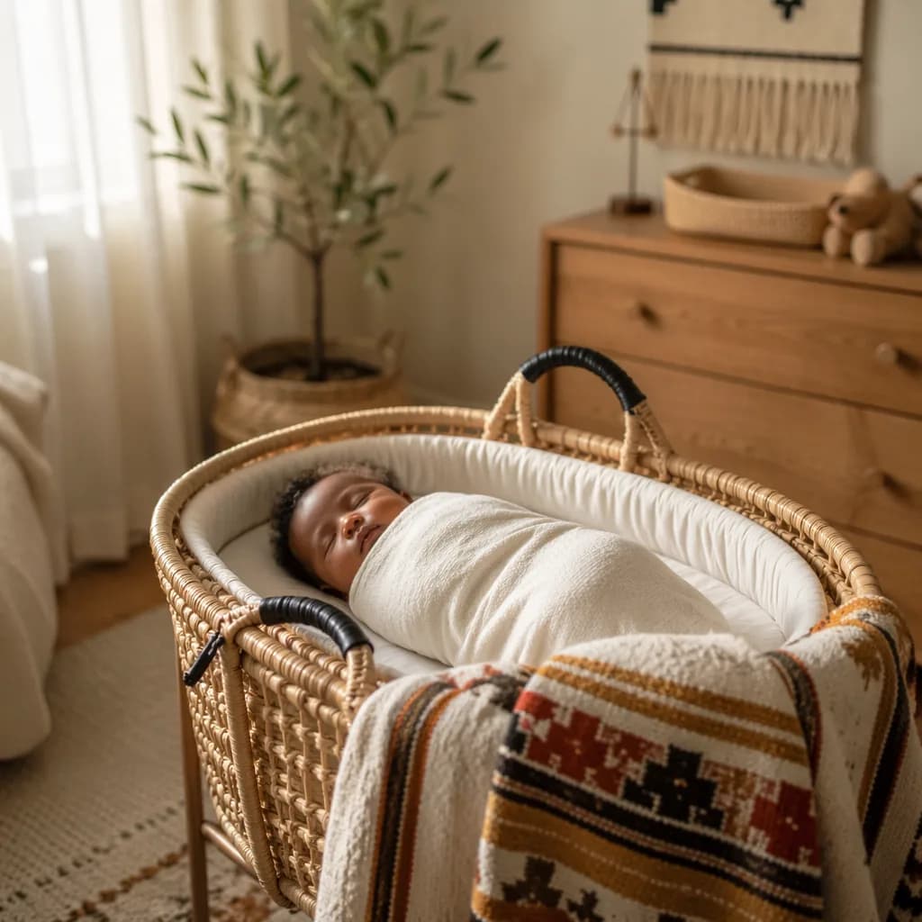 Peaceful Ethiopian-inspired nursery with a swaddled baby in a woven bassinet.