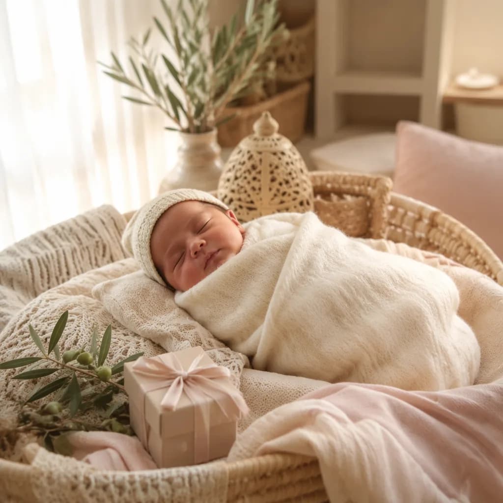 A swaddled baby in a soft pastel nursery with a small gift and olive branch.
