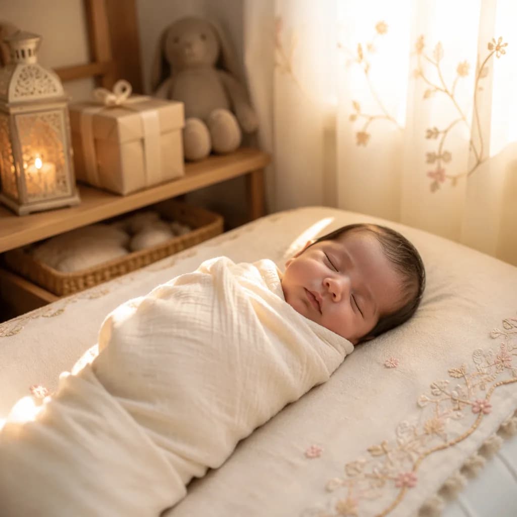 A sleeping swaddled baby in a softly lit pastel nursery with a small gift and warm lantern glow.