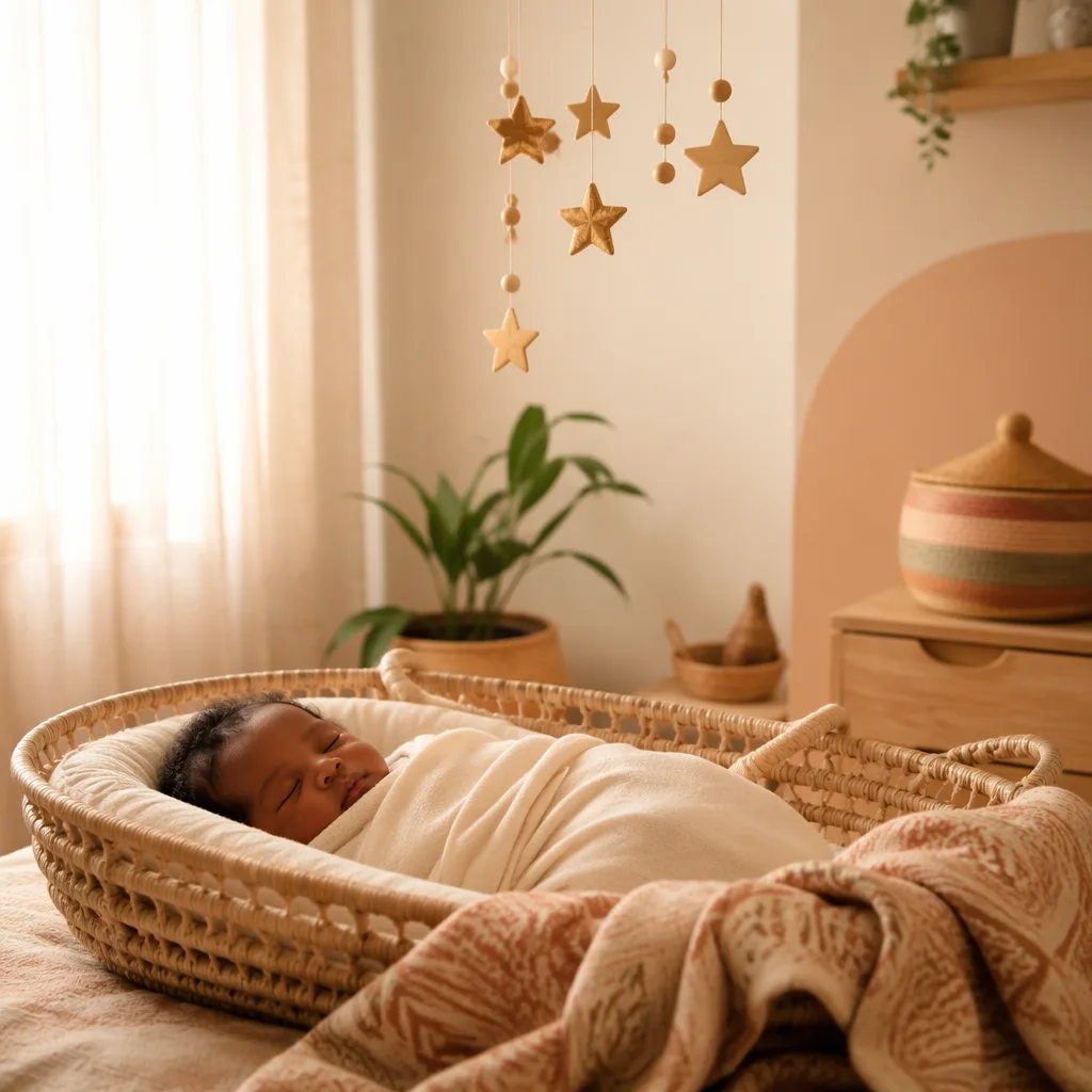 A peaceful pastel nursery with a swaddled sleeping baby, woven accents, and soft morning light.