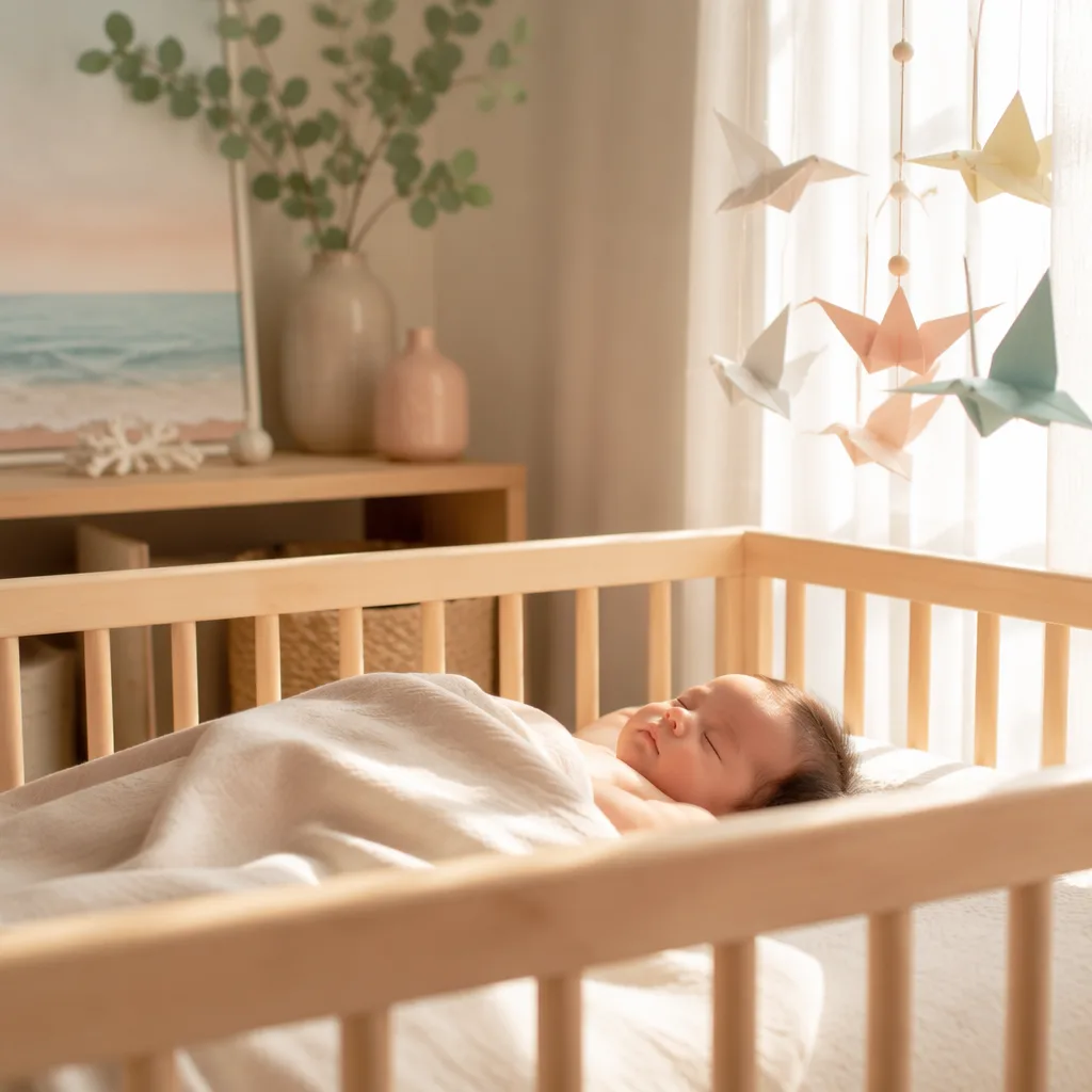 Soft Japanese nursery scene with a sleeping baby, warm sunlight, origami cranes, and gentle ocean-inspired decor.