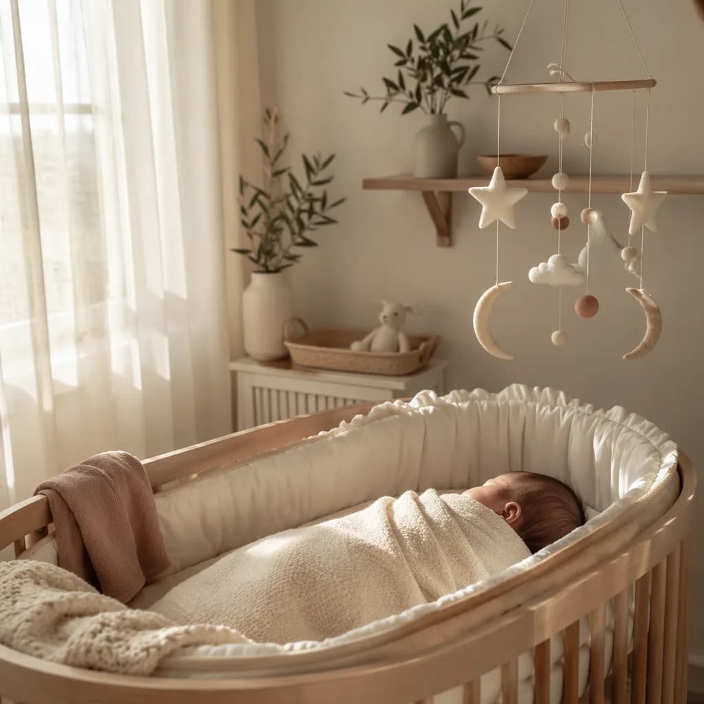 Sleeping swaddled baby in a softly lit pastel nursery with moon, star, and olive branch accents.