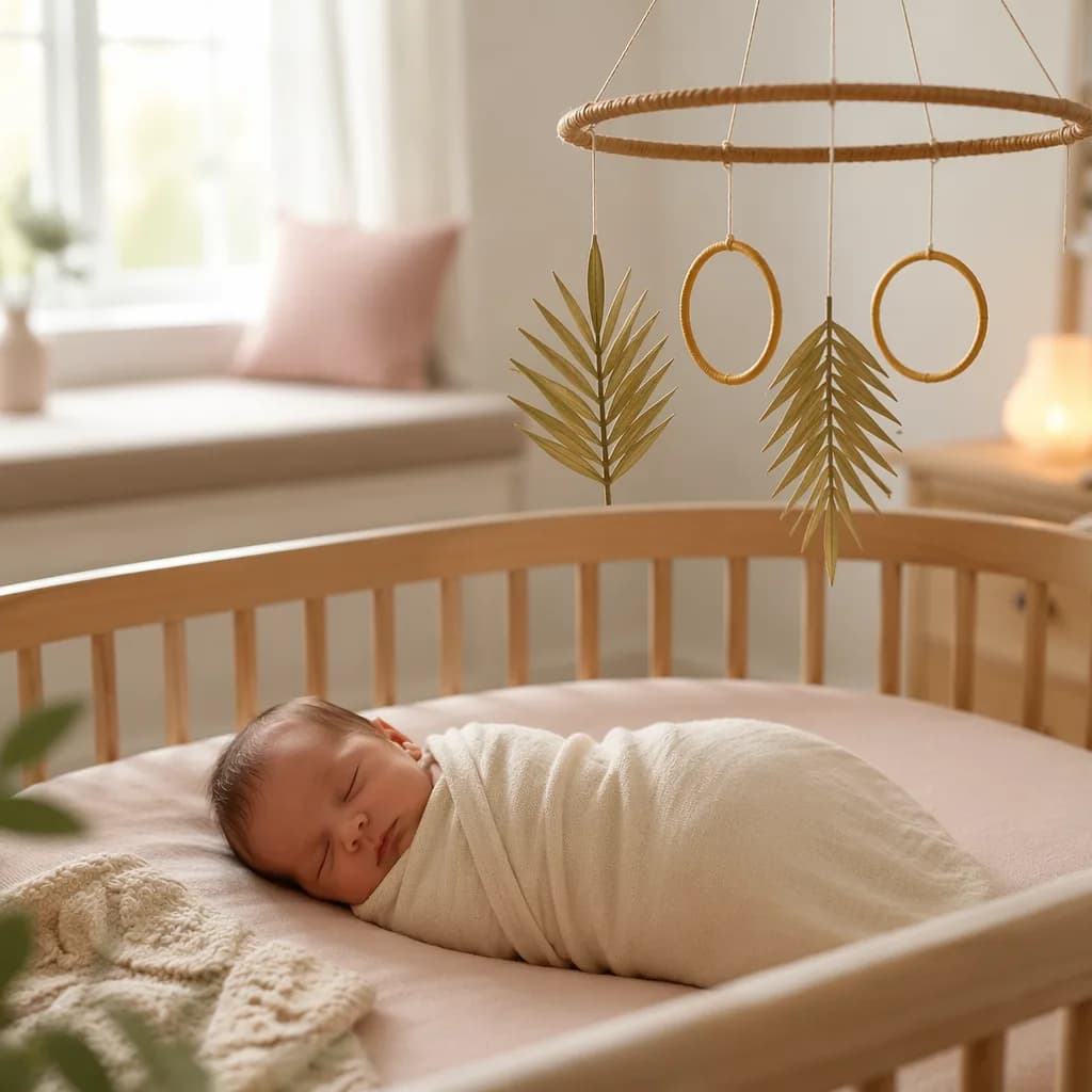 A peaceful pastel nursery with a swaddled baby, halo mobile, and date palm leaves.