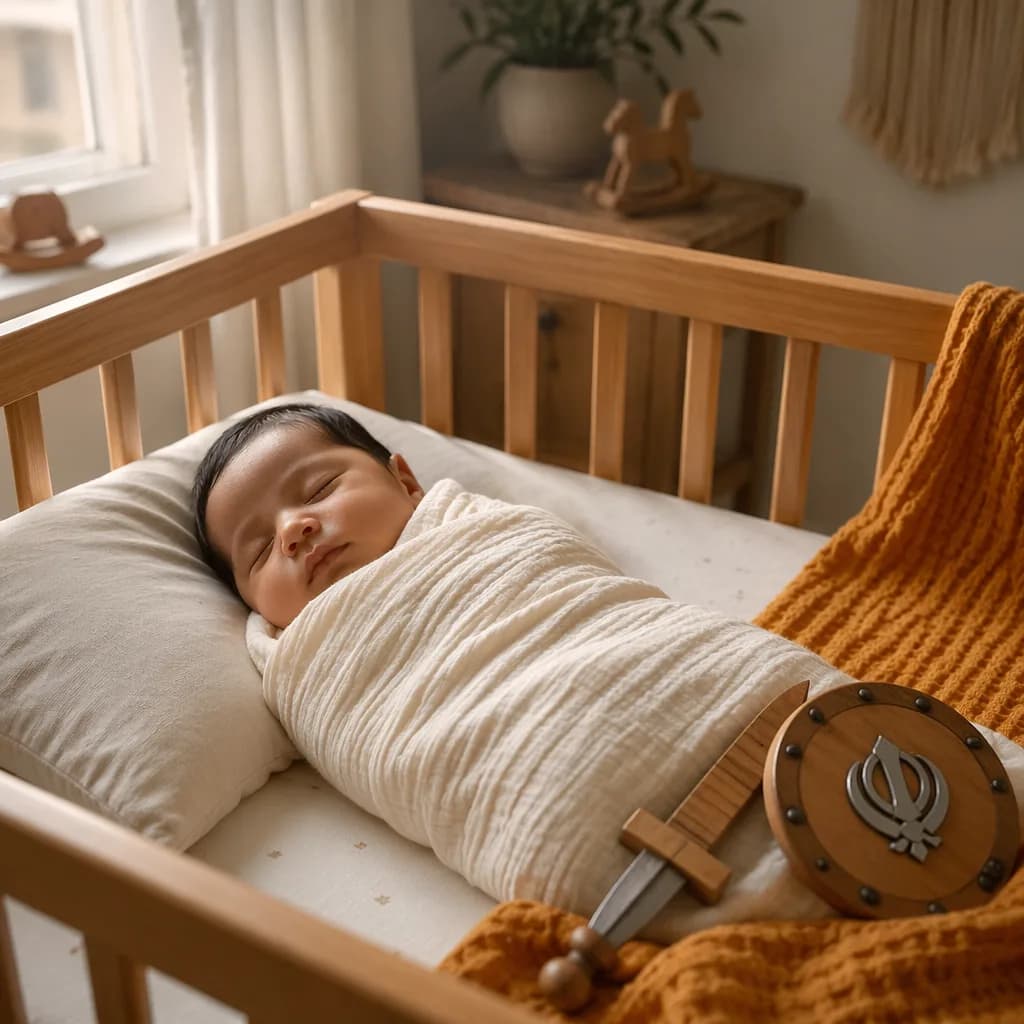 A peaceful Punjabi baby in a soft pastel nursery with gentle symbolic decor for courage and bravery.