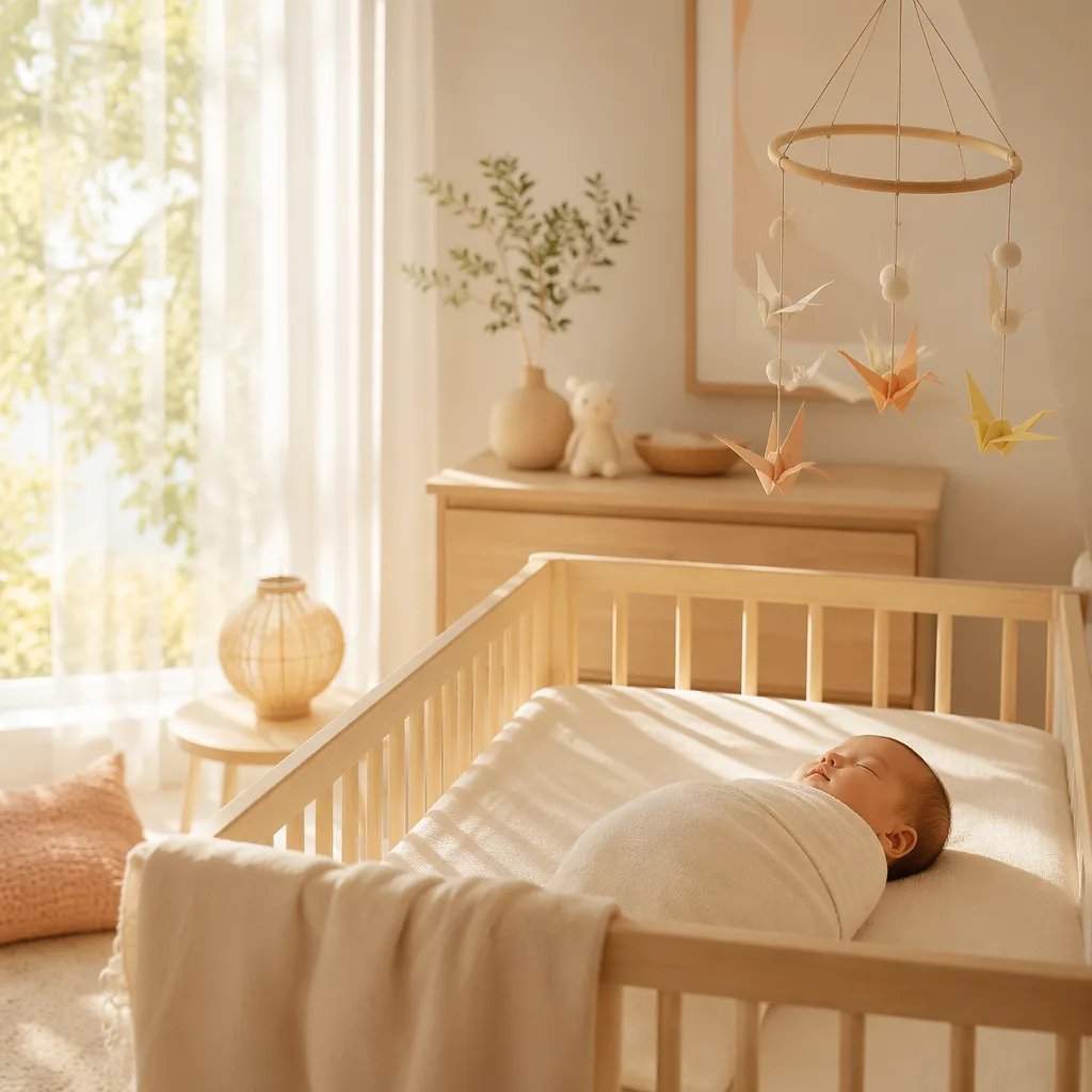 A softly lit Japanese-inspired nursery with a swaddled sleeping baby and warm morning sunlight.