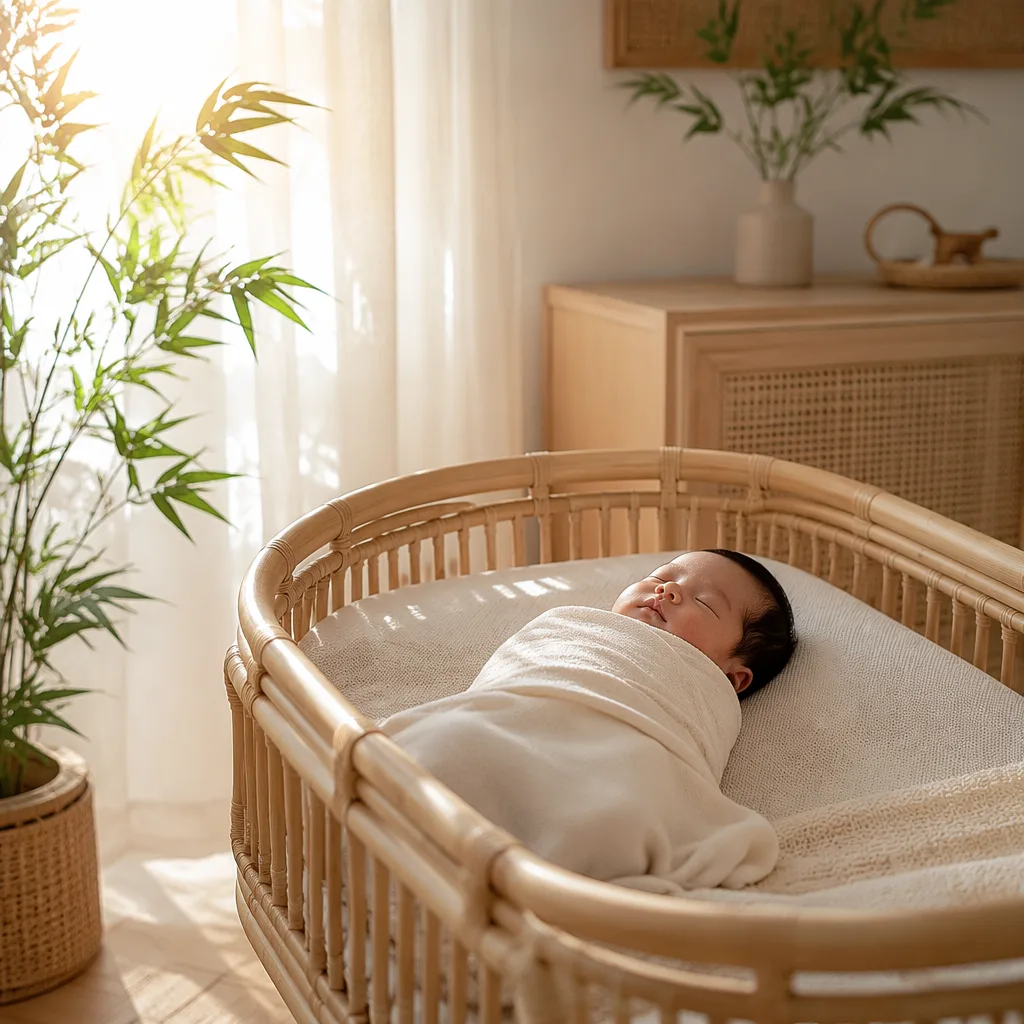 A peaceful swaddled newborn in a softly lit nursery with warm morning sunlight.