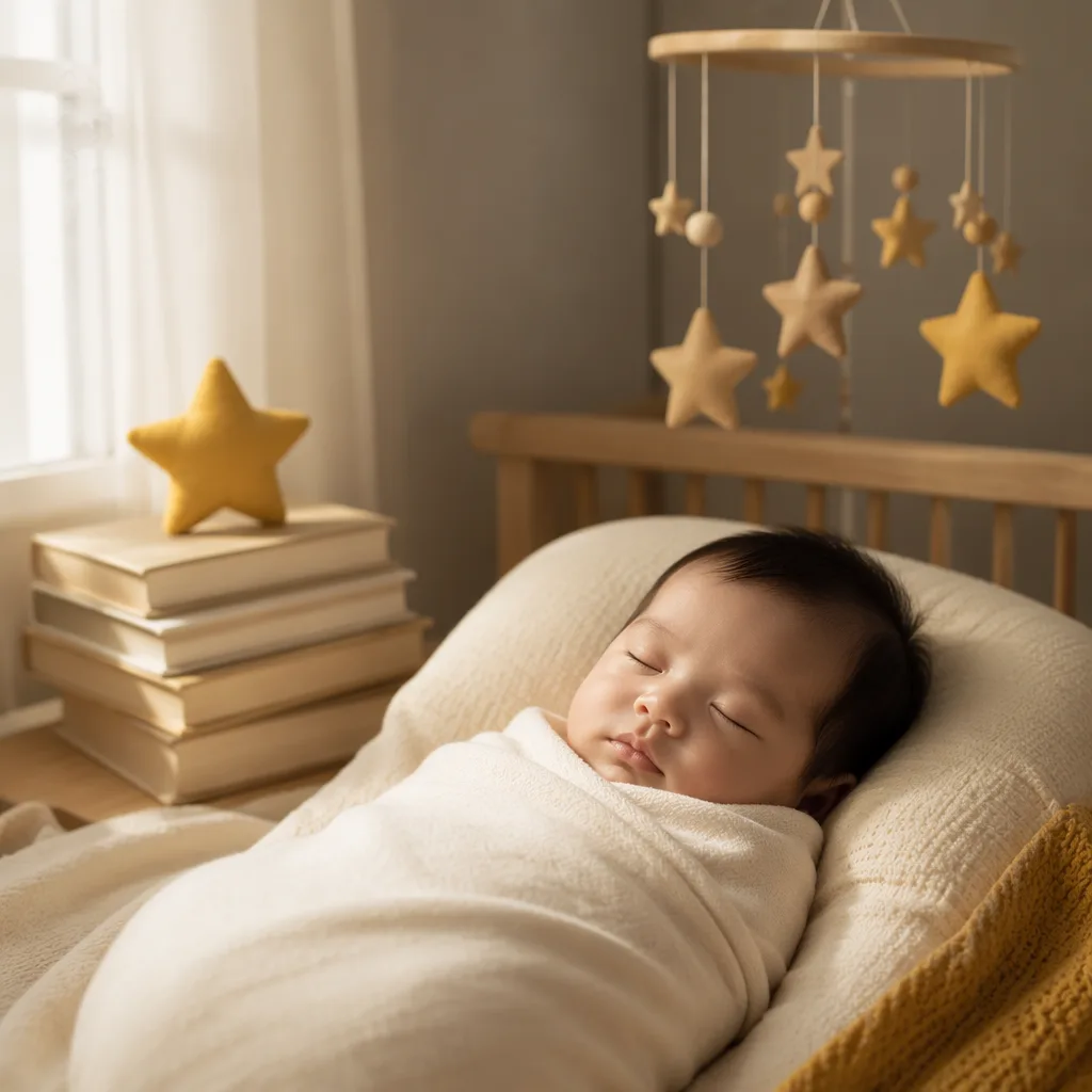 Sleeping Vietnamese baby in a soft nursery with golden accents and blank books.