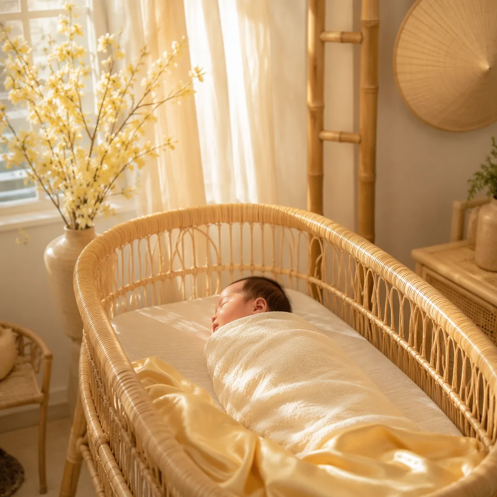 A peaceful Vietnamese baby in a cozy pastel nursery with warm golden light and soft floral accents.