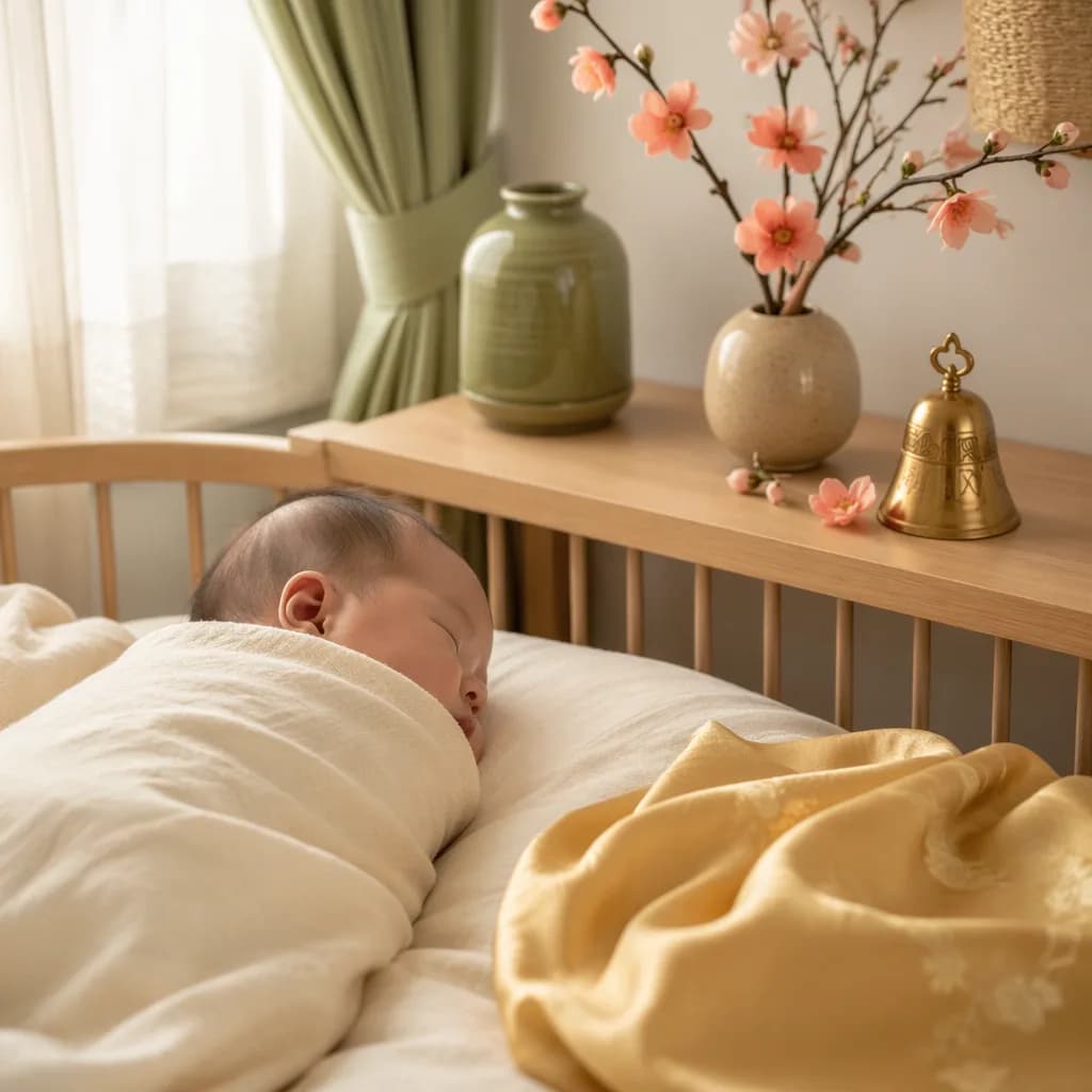 A peaceful Vietnamese baby nursery with soft gold accents and apricot blossoms.