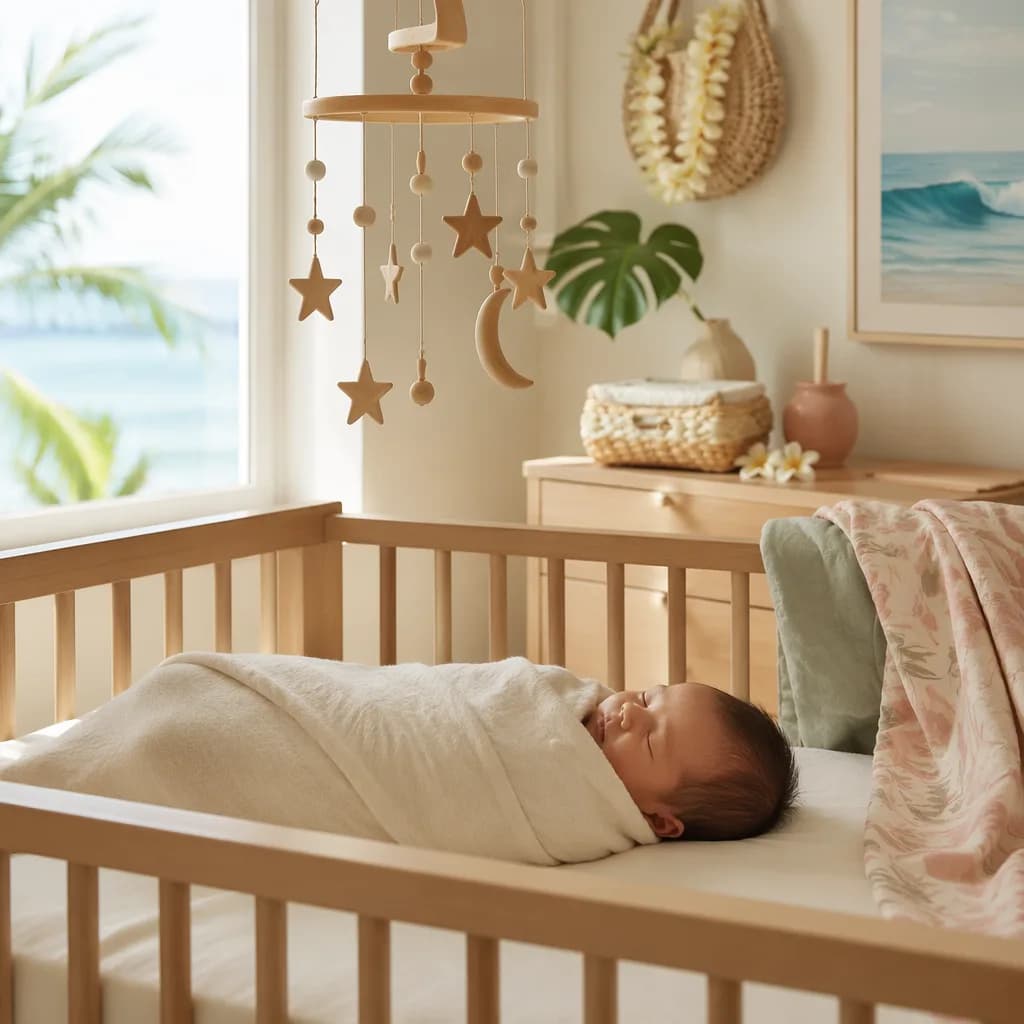 A peaceful pastel nursery with a swaddled baby, plumeria blossoms, and a star mobile inspired by Hōkūlani.