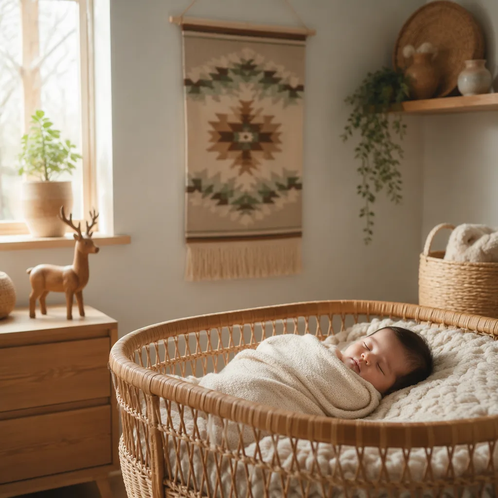 A softly lit nursery with a sleeping baby and a small wooden deer figurine.
