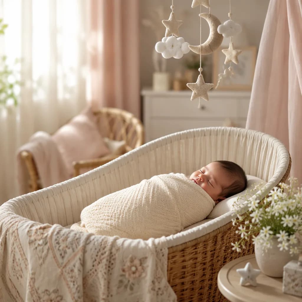 A serene pastel nursery with a swaddled newborn, jasmine flowers, and a soft celestial mobile.