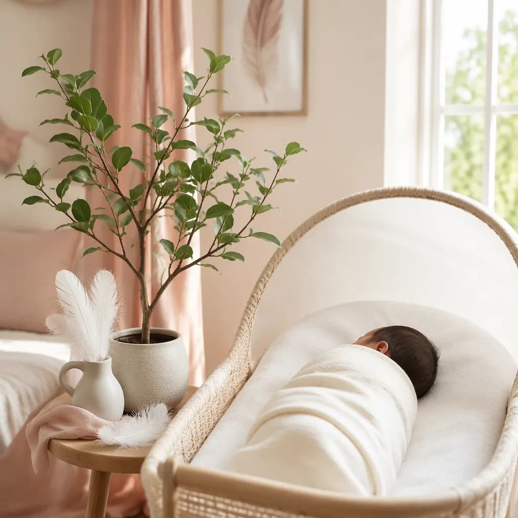 Soft pastel nursery scene with a swaddled newborn, leafy branch, and gentle feather accents.