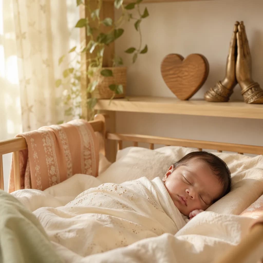A peaceful pastel nursery with a swaddled sleeping baby and heart-inspired decor.