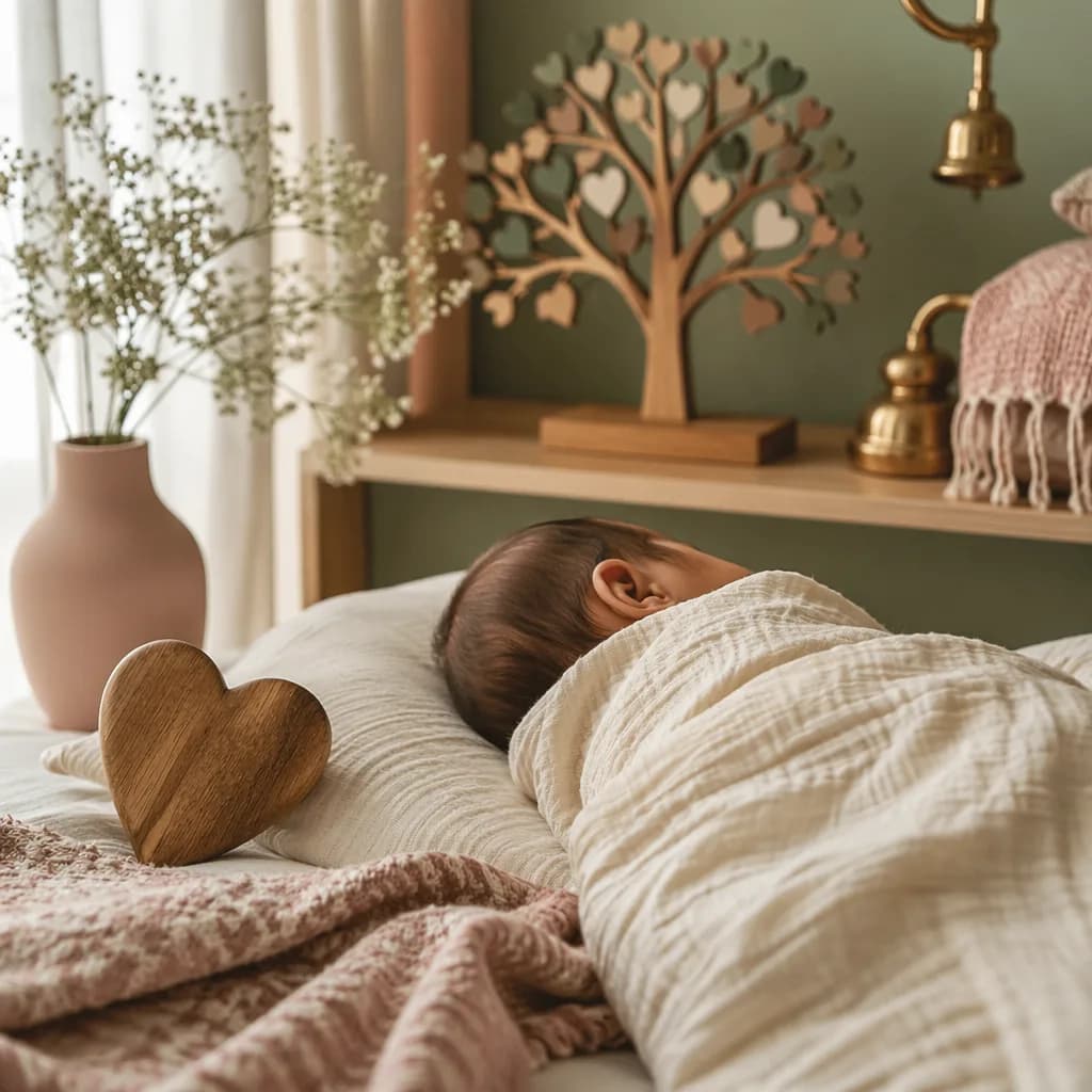 Sleeping baby in a soft pastel nursery with heart and family tree keepsakes.