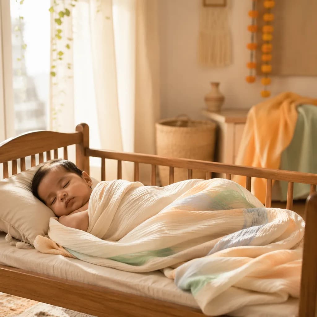 Peaceful baby sleeping in a warm pastel nursery with gentle Indian-inspired accents.